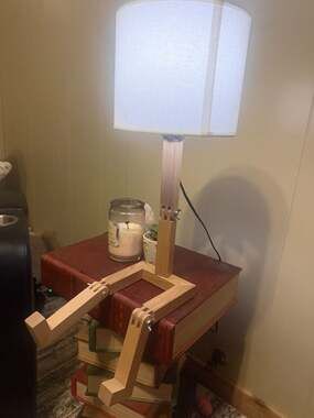 Movable Wooden Robot Figure Table Lamp with White Fabric Shade